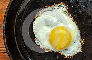 Fried egg on a cast iron frying pan, breakfast