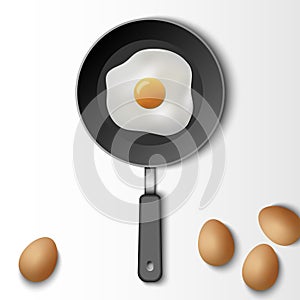 Fried egg with cooking pan isolated on white background, vector