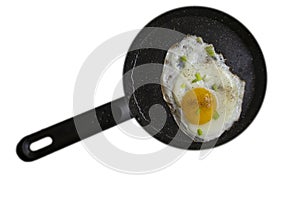 Fried egg in a frying pan isolated on white background