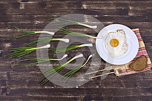 Fried egg, green chives , white plate, knife and fork look like sperm competition. Spermatozoon floating to ovule . Close up