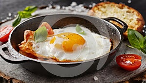 Fried egg in iron pan. Tasty breakfast with crispy bread. Delicious food