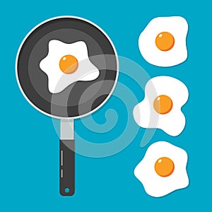 Fried egg omelette top view pan vector food illustration. Egg omelet albumen cartoon icon breakfast