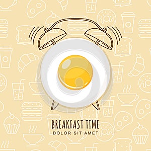 Fried egg and outline alarm clock on seamless background with linear food icons. Vector design for breakfast menu, cafe.