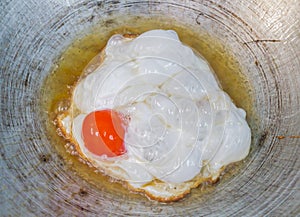 Fried egg on a pan.