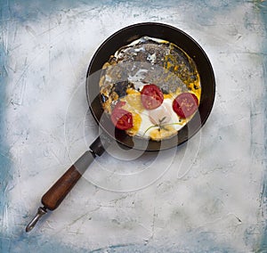 Fried egg pan. Breakfast with fried eggs and vegetables