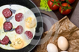 fried egg on pan with salami, tomatoes, letucce