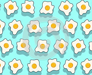 Fried Egg Pattern On Blue background with shadows. Funky Eggs Seamless.