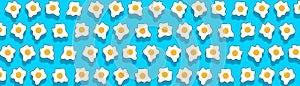 Fried Egg Pattern On Turquoise background with shadows. Funky Eggs Seamless. Food Motion Abstract