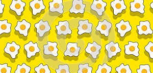 Fried Egg Pattern On Yellow background with shadows. Funky Eggs Seamless. Food Motion Abstract