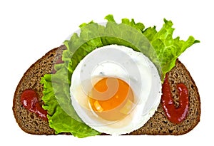Fried egg, rye bread, lettuce leaf and ketchup on a white background