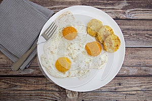 Fried egg and rÃ¶sti on a plate