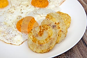 Fried egg and rÃ¶sti on a plate