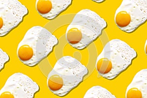 Fried egg or scrambled eggs pattern on yellow background. Creative food concept. Top view. Conceptual trend. Banner. Keto diet.