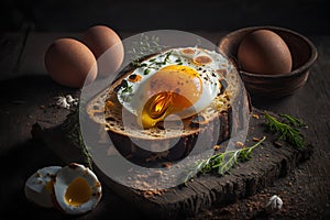 Fried egg on a slice of bread with herbs on a wooden background.