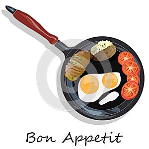 Fried egg, sliced tomato and baked potato. Vector illustration of food on cast iron pan and white background.