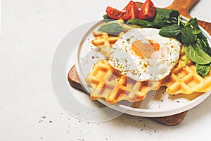 Fried egg, spinach, waffles on white background
