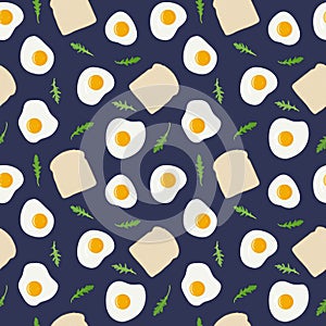Fried egg, toast bread and rocket salad rucola seamless pattern. Vector hand drawn illustration.