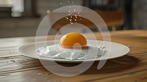 Fried egg with yellow yolk on table background. Breakfast food concept.