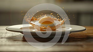 Fried egg with yellow yolk on table background. Breakfast food concept.