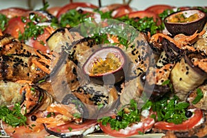 Fried eggplants in a frying pan.