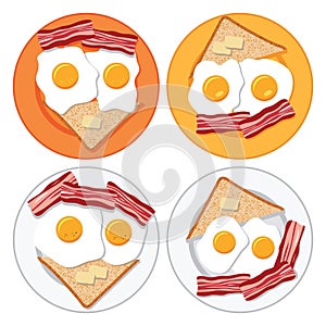 Fried eggs, bacon, bread and butter, vector