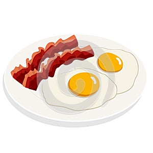 Fried eggs with bacon breakfast on white plate. Flat vector illustration