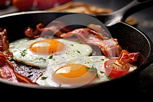 Fried eggs with bacon in a frying pan. Breakfast. Generative AI technology