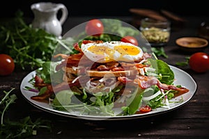 fried eggs with bacon and herbs and chopped vegetables, delicious breakfast, still life on a dark background