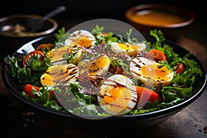 fried eggs with bacon and herbs and chopped vegetables, delicious breakfast, still life on a dark background