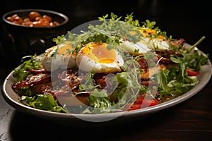 fried eggs with bacon and herbs and chopped vegetables, delicious breakfast, still life on a dark background