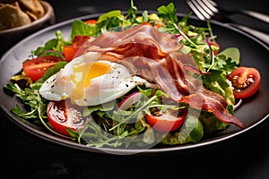 fried eggs with bacon and herbs and chopped vegetables, delicious breakfast, still life on a dark background