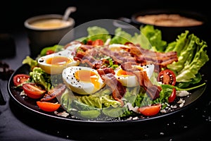 fried eggs with bacon and herbs and chopped vegetables, delicious breakfast, still life on a dark background