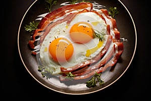 fried eggs with bacon and herbs, delicious breakfast, still life on a dark background