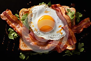 fried eggs with bacon and herbs, delicious breakfast, still life on a dark background