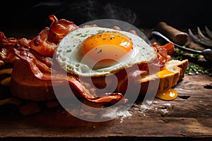 fried eggs with bacon and herbs, delicious breakfast, still life on a dark background