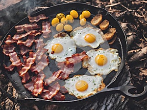 Fried eggs and bacon on a hot griddle