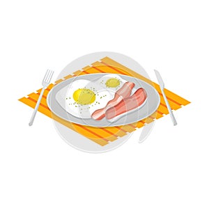 Fried eggs bacon plate fork knife striped napkin. Breakfast food, morning meal concept vector
