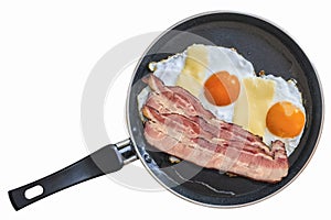 Fried Eggs With Belly Bacon Rasher In Teflon Frying Pan Isolated On White Background