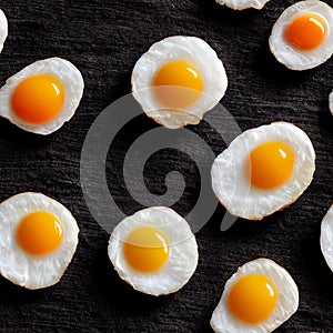 Fried eggs on black slate background in seamless food pattern
