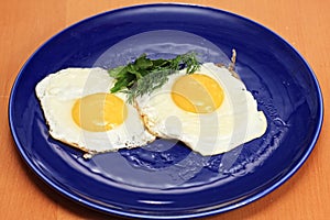 Fried eggs in blue plate