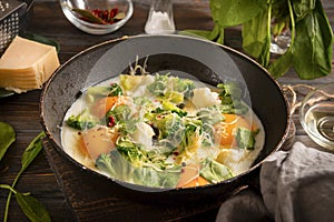 Fried eggs with broccoli, spinach, cheese  and spices  in a pan on a dark wooden background, healthy  Breakfast