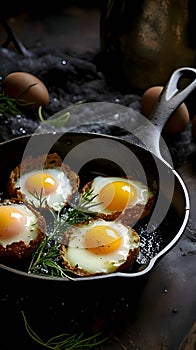 Fried eggs in a cast-iron frying pan. Dark background