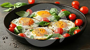 Fried eggs with cherry tomatoes and basil