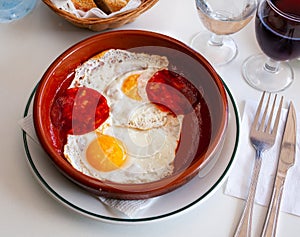 Fried eggs with dry cured sausage