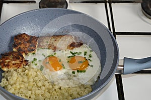 Fried eggs in a frying pan with becon.