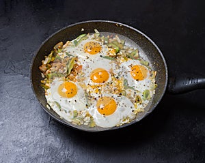 Fried eggs in a frying pan on a black background