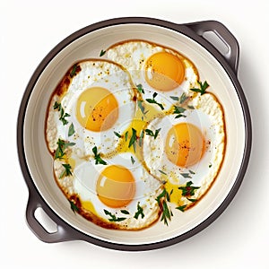 Fried eggs in a frying pan isolate on a white background.