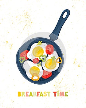 Fried eggs in a frying pan with vegetables, tomatoes, peppers. Healthy brunch with fresh homemade meal. Traditional food