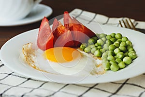 fried eggs with peans and tomatoes on a white plate photo