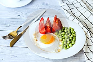 fried eggs with peans and tomatoes on a white plate photo